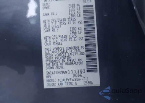 2016 Nissan Murano Platinum/S/Sl/Sv из США, поврежденный, VIN 5N1AZ2MG9GN111393